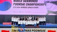 Tim Pelatnas Taekwondo Indonesia meraih medali perak melalui M. Rizal dan Kinara pada nomor Pair Under 30 di World Poomsae Championship 2026, Korea Selatan.