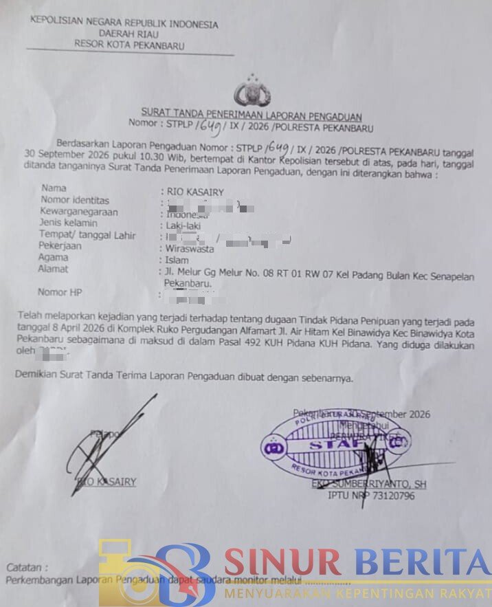 Surat Tanda Penerimaan Laporan Pengaduan Rio Kasairy